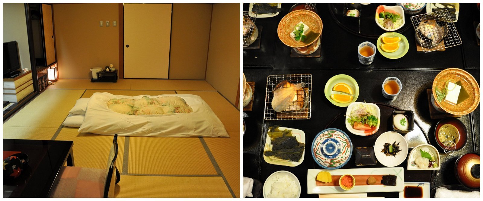 Habitación tradicional con futón y comida kaiseki en ryokan Mansuirou en Misasa