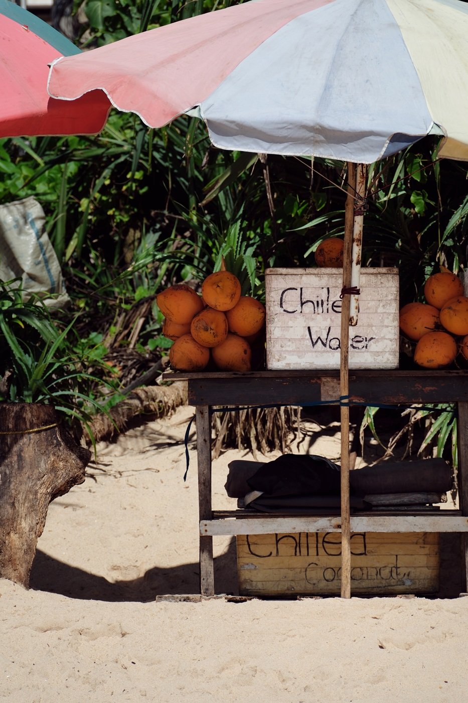 Un vendedor de agua y coco frío en una playa en Matara, Sri Lanka.