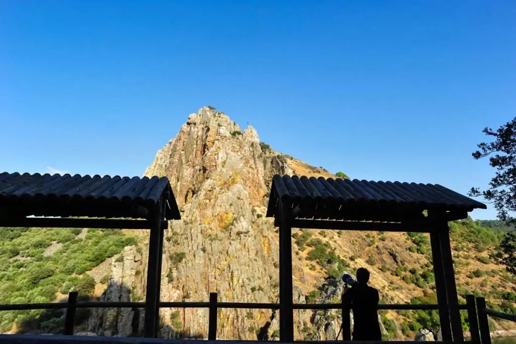 Un turista europeo observa y fotografía aves en Salto Gitano, Parque Nacional Monfragüe