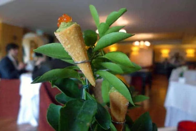 Conos de ceviche de salmón con cítricos, guacamole y huevas de trucha