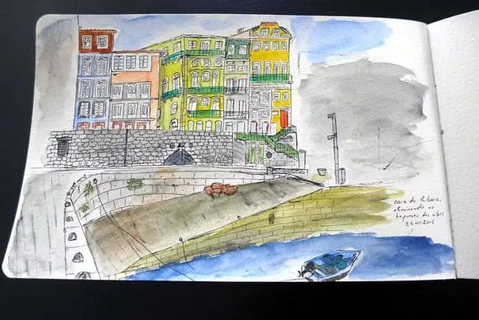 Croquis de casas en Cais da Ribeira, Porto