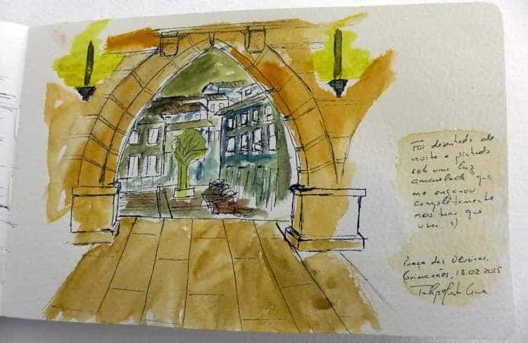 Mi dibujo realizado en Largo da Oliveira, Guimarães.
